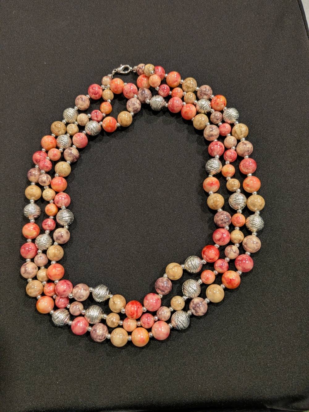 Vintage Multistrand Pink and Beige Beaded Necklace with Silver Accents